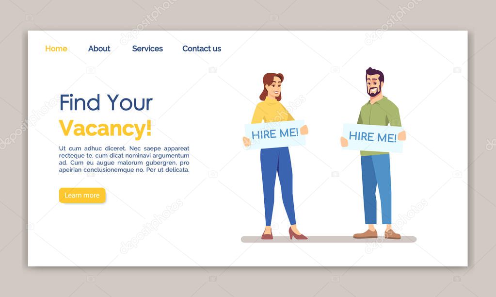 Find your vacancy landing page vector template. HR agency website interface idea with flat illustrations. Employment staff homepage layout. Job search web banner, webpage cartoon concept