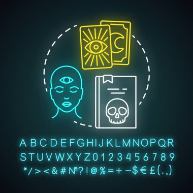 Gizem neon ışık kavramı simgesi. Gizli kitap fikri. Mistisizm, t