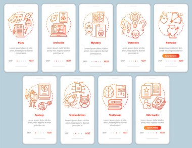 Doğrusal kavramlar la mobil uygulama sayfası ekranında kitap kataloğu. Farklı kitap türleri walkthrough adımları grafik talimatları kırmızı ayarlanır. Ux, Ui, Gui vektör şablonu çizimleri ile