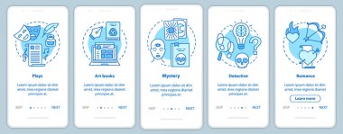 Doğrusal kavramlar la mobil uygulama sayfası ekranında kitap kataloğu. Farklı kitap türleri 5 walkthrough adımları grafik talimatları. Ux, Ui, Gui vektör şablonu çizimleri ile