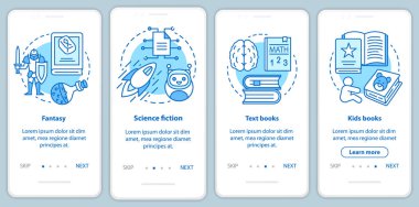 Doğrusal kavramlar la mobil uygulama sayfası ekranında kitap kataloğu. Fantezi, bilim kurgu, çocuk kitapları walkthrough adımları grafik talimatları. Ux, Ui, Gui vektör şablonu çizimleri ile