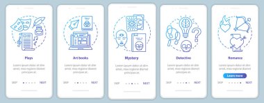 Doğrusal kavramlar la mobil uygulama sayfası ekranında kitap kataloğu. Farklı kitap türleri 5 walkthrough adımları grafik talimatları mavi. Ux, Ui, Gui vektör şablonu çizimleri ile