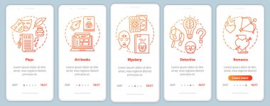 Books catalogue onboarding mobile app page screen with linear concepts. Different book genres 5 walkthrough steps graphic instructions in red. UX, UI, GUI vector template with illustrations