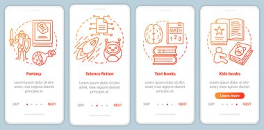 Books catalogue onboarding mobile app page screen with linear concepts. Fantasy, sci fi, kids books walkthrough steps graphic instructions in red. UX, UI, GUI vector template with illustrations