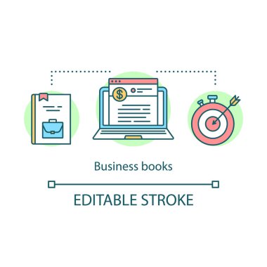 Business books concept icon. Financial literature idea thin line illustration. Motivational and self-development stories. Achieving goals. Vector isolated outline drawing. Editable stroke