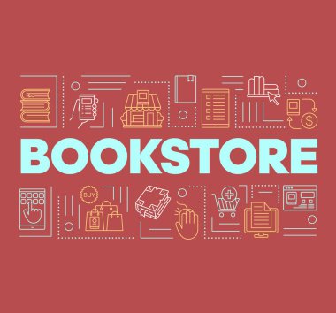Bookstore word concepts banner. Buying books online. Presentation, website. Purchasing in internet bookshops. Isolated lettering typography idea with linear icons on red. Vector outline illustration