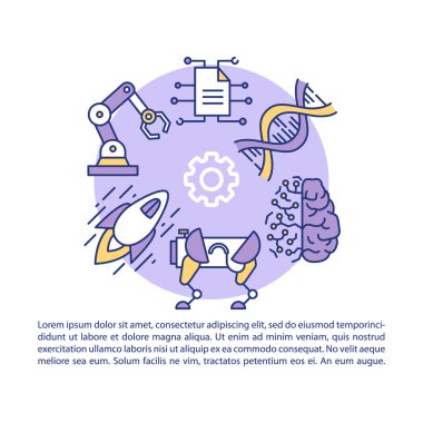 Science fiction article page vector template. Brochure, magazine, booklet design element with linear icons. Futuristic technologies, sci fi engineering. Print design. Concept illustrations with text