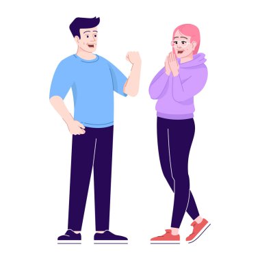 Dostu toplantı düz vektör illüstrasyon. Mutlu bir adam ve neşeli kadın. Memnun çift. Erkek ve kız beyaz arka plan üzerinde anahat öğeleri ile izole çizgi film karakterleri flört