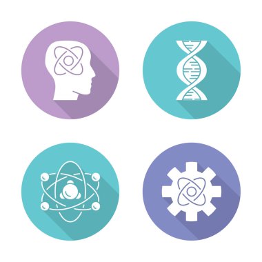 Fizik dalları düz tasarım uzun gölge glyph simgeleri ayarlayın. Nörofizik, biyofizik, mühendislik ve nükleer fizik. İnsan beyni, molekülün yapısı. Vektör siluet illüstrasyon