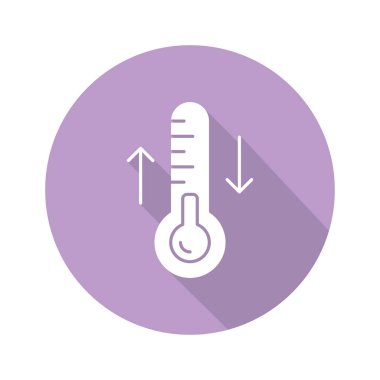 Termodinamik mor düz tasarım uzun gölge glyph simgesi. Sıcaklık dalgalanmaları. Termal etkiler. Isıtma ve soğutma fiziksel işlemler. Termometre ölçümü. Vektör siluet illüstrasyon