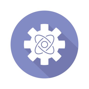 Mühendislik fizik mavi mor düz tasarım uzun gölge glyph simgesi. Cogwheel ve atom yapı modeli. Makine mühendisliği. Nano teknolojiler. Nükleer enerji kullanımı. Vektör siluet illüstrasyon