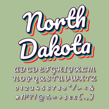 Kuzey Dakota vintage 3d vektör yazı. Retro kalın yazı tipi, itali