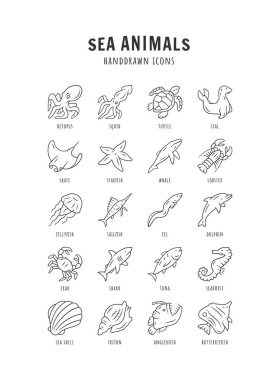 Deniz hayvanları lineer simgeler ayarlayın. Kaplumbağa, denizanası, ıstakoz, kelebek balığı. Sualtı vahşi yaşamı. Okyanus sakinleri. İnce çizgi kontur sembolleri. Yalıtılmış vektör anahat çizimleri. Kullanılabilir kontur