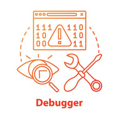Hata ayıklama kavram simgesi. Hata ayıklama aracı. Yazılımı test etme ve ayarlama. Bilgisayar programı geliştirme. Kod hatası denetleme fikri ince çizgi çizimi. Vektör yalıtılmış anahat çizimi