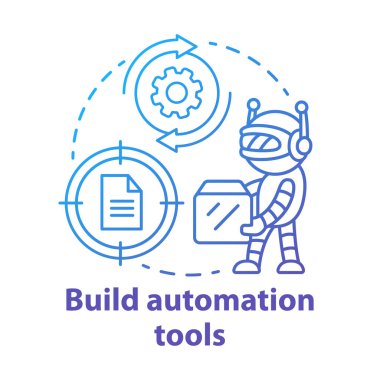 Otomasyon araçları kavram simgesi oluşturun. Robot yardımcı kurulum. Bilgi teknolojisi. Sistem bakımı. Robotik süreç fikri ince çizgi illüstrasyon. Vektör yalıtılmış anahat çizimi