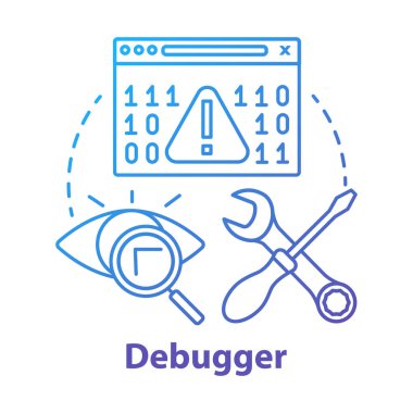 Hata ayıklama kavram simgesi. Hata ayıklama aracı. Yazılımı test etme ve ayarlama. Bilgisayar programı geliştirme. Kod hatası denetleme fikri ince çizgi çizimi. Vektör yalıtılmış anahat çizimi
