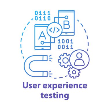 Kullanıcı deneyimi test kavram simgesi. Ux. Yazılım geliştirme. Bilgi teknolojisi. Uygulama fikri ince çizgi çiziminde hata düzeltme. Vektör yalıtılmış anahat çizimi