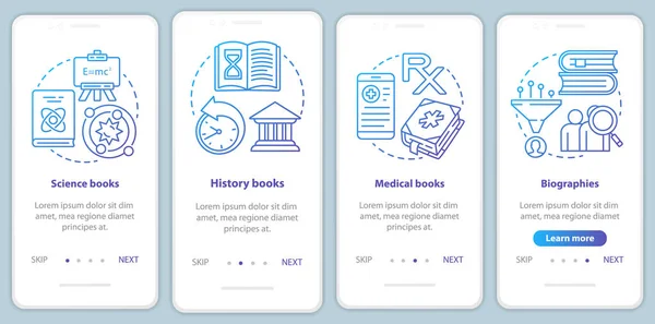 Boekencatalogus onboarding mobiele app pagina scherm met lineaire concepten. Verschillende boek genres walkthrough stappen grafische instructies in het blauw. UX, ui, GUI vector template met illustraties — Stockvector