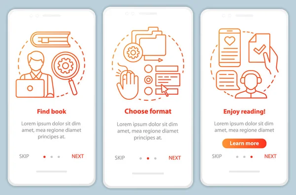 Doğrusal kavramlarla mobil uygulama sayfası ekranında çevrimiçi kitaplık. E-kütüphane hizmet seçenekleri 3 walkthrough adımları kırmızı talimatları grafik. Ux, Ui, Gui vektör şablonu çizimleri ile — Stok Vektör