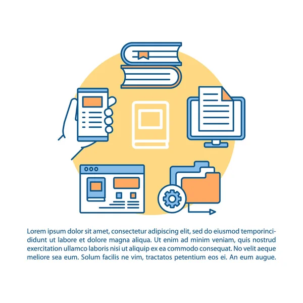 Векторный вектор страницы статьи онлайн библиотеки. Брошюра, журнал, элемент оформления буклета с линейными иконками. Электронное обучение, чтение электронных книг. Печать дизайн. Концепция иллюстраций с текстом — стоковый вектор