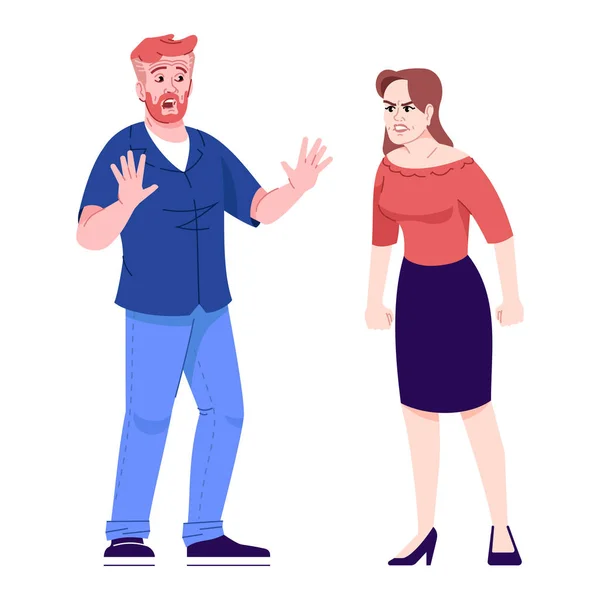 Family quarrel flat vector illustration. Emotional couple miff. Domestic dispute. Rage and fear. Angry woman and defending man isolated cartoon characters with outline elements on white background — Stockový vektor