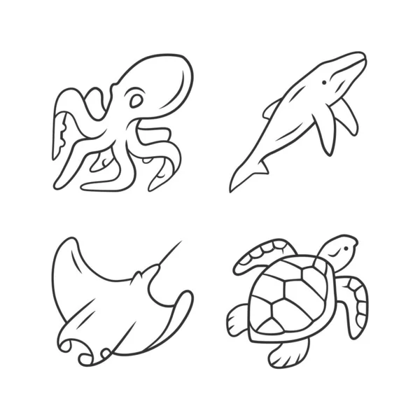 Underwater world linear icons set. Swimming octopus, squid, turtle. Ocean animals. Marine fauna. Aquatic creatures. Thin line contour symbols. Isolated vector outline illustrations. Editable stroke — Stock Vector