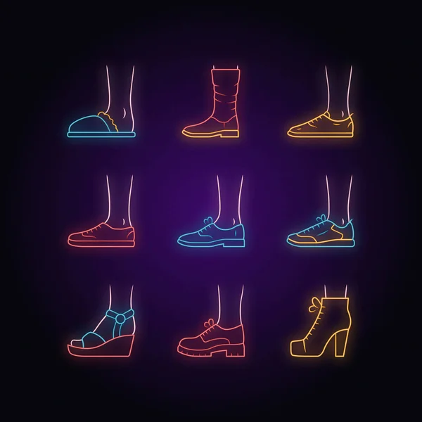 Women and men shoes neon light icons set. Female summer and autu — Stock Vector