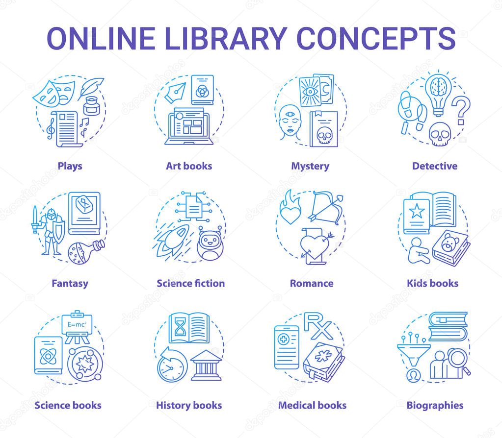 Online library gradient blue concept icons set. Book catalogue idea thin line illustrations. Fantasy, biographies, medical, history, plays, romance & mystery types. Vector isolated outline drawings
