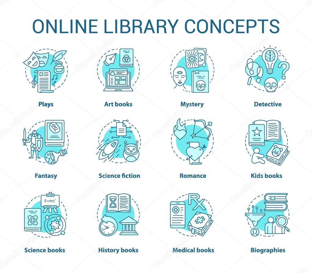 Online library turquoise concept icons set. Book catalogue idea thin line illustrations. Fantasy, biographies, medical, history, romance & mystery types. Vector isolated drawings. Editable stroke