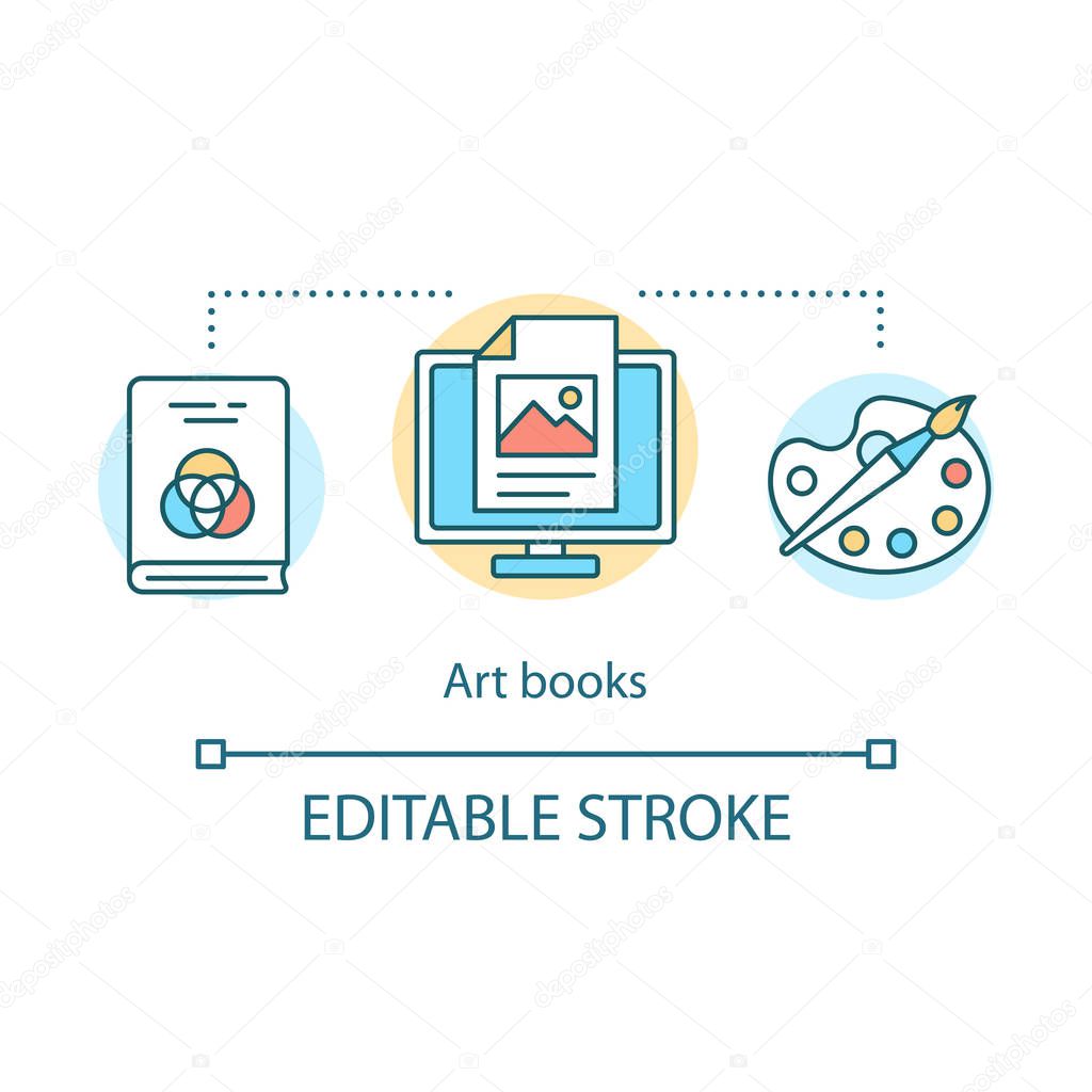 Art books concept icon. Drawing and graphic design educational tutorial idea thin line illustration. Literature about painting and visual arts. Vector isolated outline drawing. Editable stroke