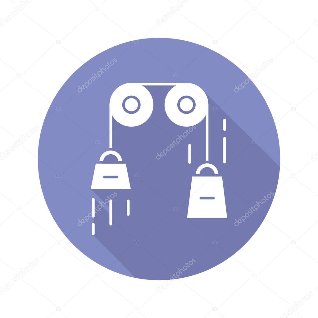 Classical physics blue violet flat design long shadow glyph icon. Laws of motion and gravitation. Mechanical energy research. Theoretical kinematics physical experiment. Vector silhouette illustration