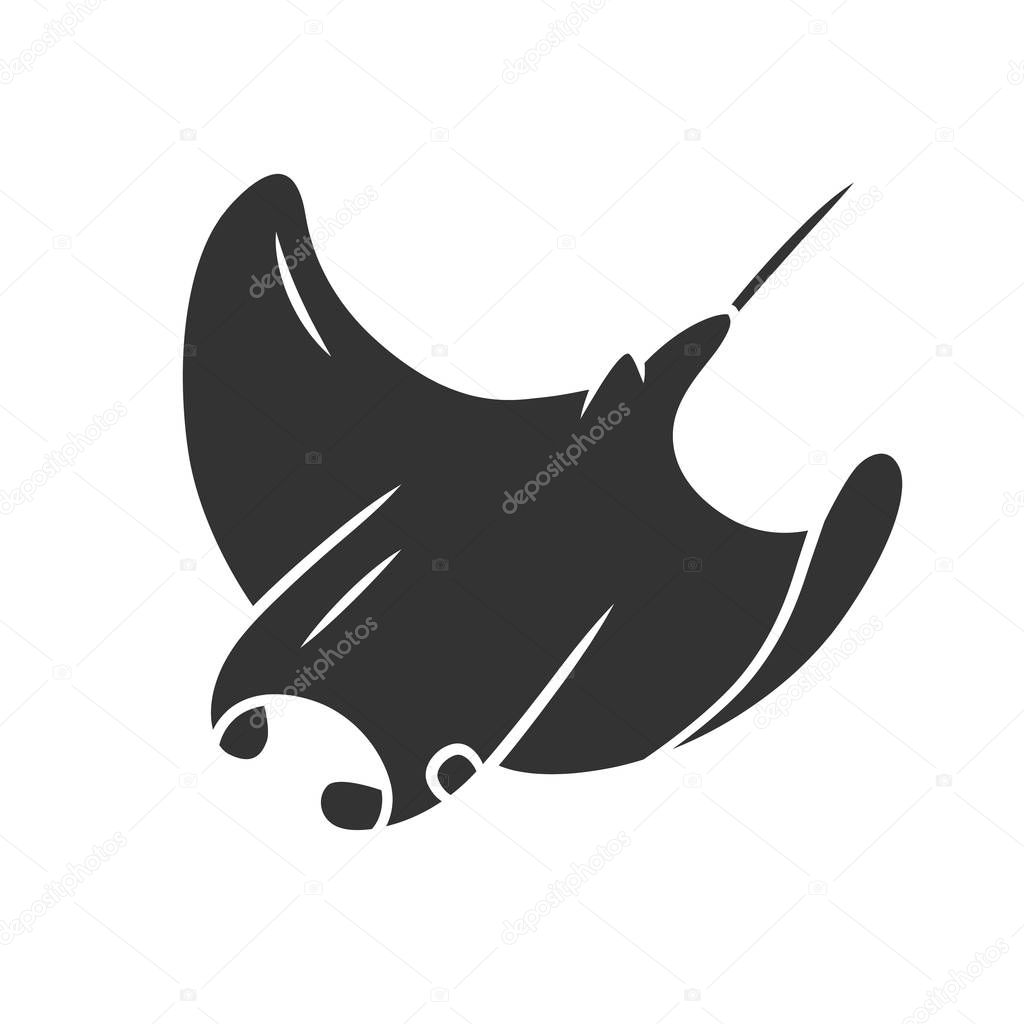 Skate glyph icon. Swimming stingray. Oceanarium animal. Electric ramp. Underwater creature. Undersea inhabitant. Ocean fauna, aquazoo. Silhouette symbol. Negative space. Vector isolated illustration