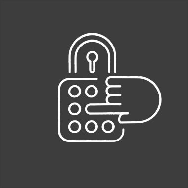 Kombinasyon kilidi tebeşir simgesi. Ev güvenliği. Şifre, kod, güvenli asma kilit. Ev koruması. Güvenli giriş. Yalıtılmış vektör tebeşir tahtası çizimi