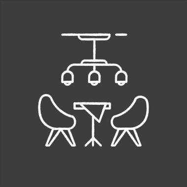 Sakinleri salon tebeşir simgesi. Yemek odası, mutfak mobilyası. Kafe, restoran salonu modern mobilyalar. Sandalyeli rahat masa. Yalıtılmış vektör tebeşir tahtası çizimi