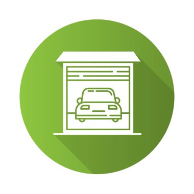 Garaj araba park yeşil düz tasarım uzun gölge glyph simgesi. Otomobil şehir otoparkı, yer. Kentsel sokak otopark alanı. Otomatik silindir kapısı ile araç döken. Vektör siluet illüstrasyon