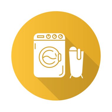 Çamaşır sarı düz tasarım uzun gölge glyph simgesi. Otomatik çamaşır makinesi. Çamaşırhane servisi. Yıkama. Ev aletleri. Ev işleri, elektrikli alet. Vektör siluet illüstrasyon