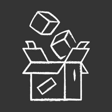 Parsel ambalaj tebeşir simgesi. Sipariş paketleme ve sarma. Mallarla dolu karton kutu. Posta servisi. Paket teslim sandığı. Karton kutular. Yalıtılmış vektör tebeşir tahtası çizimi