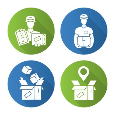 Teslim düz tasarım uzun gölge glyph simgeleri ayarlayın. Paket paketleme, teslimatçı, sipariş nakliye ve takip. Sevkiyat servisi. Lojistik ve dağıtım. Vektör siluet illüstrasyon