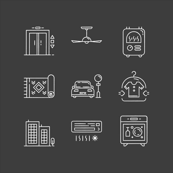 Мбаппе поставил Халк. Лифт, потолочный вентилятор, система кондиционирования, центральное отопление. Офисное здание, зона парковки. Изолированные векторные иллюстрации
