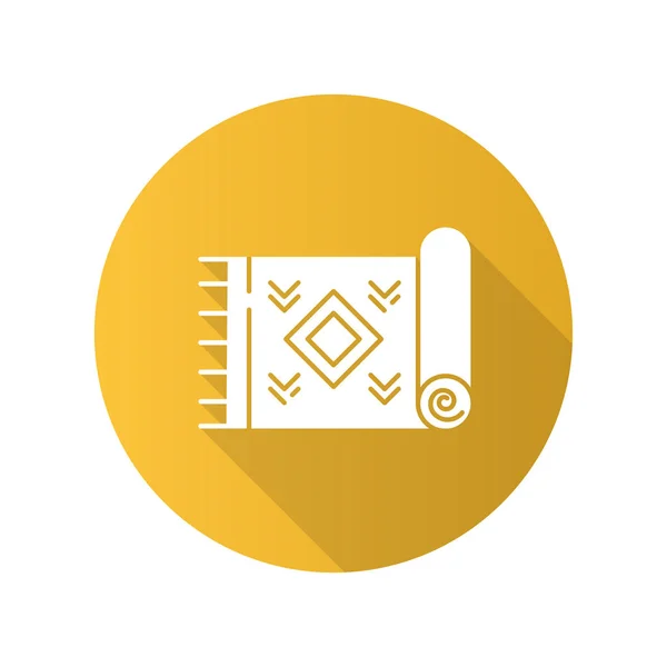 Otthon szőnyeg sárga lapos kialakítás hosszú árnyék karakterjel ikonra. Meghitt folyosó, előszoba, földszinti szőnyeg. Hagyományos dizájn elem. Textil elem, szövet cucc. Lábtörlő, Kilim. Vektor sziluettje illusztráció — Stock Vector