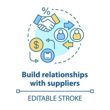 Tedarikçiler konsept simgesiyle ilişkiler kurun. İş sözleşmesi fikir ince çizgi illüstrasyon. Dropshipping yönetimi. Şirketler işbirliği. Vektör yalıtılmış anahat çizimi. Kullanılabilir kontur