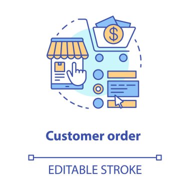 Müşteri siparişi kavramı simgesi. Online alışveriş uygulama fikir ince çizgi illüstrasyon. Internet mağazasında ürün seçin. Dijital pazarlama. Vektör yalıtılmış anahat çizimi. Kullanılabilir kontur