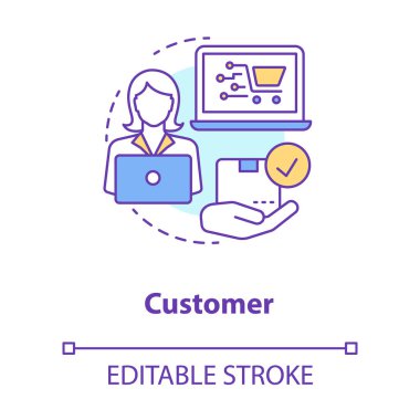 Müşteri kavramı simgesi. Online alışveriş fikri ince çizgi illüstrasyon. Ürün kataloğunda mal seçen müşteri. Internet mağazasında sipariş. Vektör yalıtılmış anahat çizimi. Kullanılabilir kontur