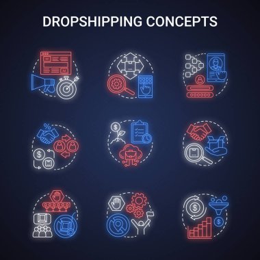 Dropshipping kavramları neon ışık kavram simgeleri ayarlayın. Online iş fikri. Pazarlamaya odaklanın, ürün kataloğunu genişletin, tedarikçilerle ilişkiler kurun. Parlayan vektör izole illüstrasyon