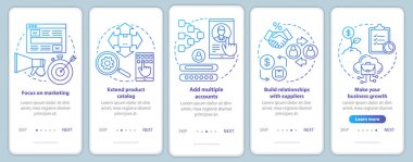 Doğrusal kavramlar ile mavi onboarding mobil uygulama sayfası ekranı dropshipping. Ürün kataloğunu genişletin, pazarlama walkthrough adımlarını grafik yönergelerine odaklanın. Ux, Ui, Gui vektör şablonu simgeleri ile