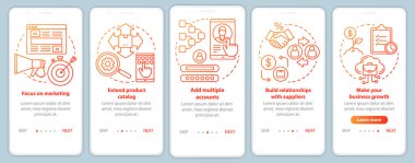 Dropshipping kırmızı onboarding mobil uygulama sayfası ekran vektör şablonu. İşbüyümenizi yapın. Doğrusal çizimler ile Walkthrough web sitesi adımları. Ux, Ui, Gui akıllı telefon arayüz konsepti