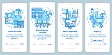 Doğrusal kavramlar ile mavi onboarding mobil uygulama sayfası ekranı dropshipping. Müşteri siparişi, damla gemi tedarikçisi yol adımları grafik talimatları. Ux, Ui, Gui vektör şablonu çizimleri ile
