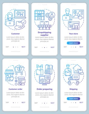 Doğrusal kavramlar ayarlanmış mavi onboarding mobil uygulama sayfası ekranı dropshipping. Müşteri sipariş hazırlama, sevkiyat adımları grafik talimatları. Ux, Ui, Gui vektör şablonu çizimleri ile