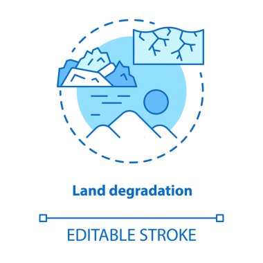 Arazi bozulması kavramı simgesi. Toprak yoksullaştırma fikir ince çizgi illüstrasyon. Toprak erozyonu ve çölleşme süreci Yenilenebilir olmayan mineral kaynak Vektör izole anahat çizim. Kullanılabilir kontur