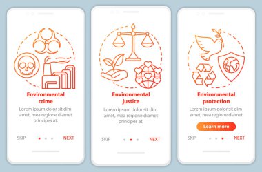 Çevre yasası mobil uygulama sayfası ekran vektör şablonu onboarding. Çevre suçları, koruma. Kırmızı doğrusal çizimler ile Walkthrough web sitesi adımları. Ux, Ui, Gui akıllı telefon arayüz konsepti